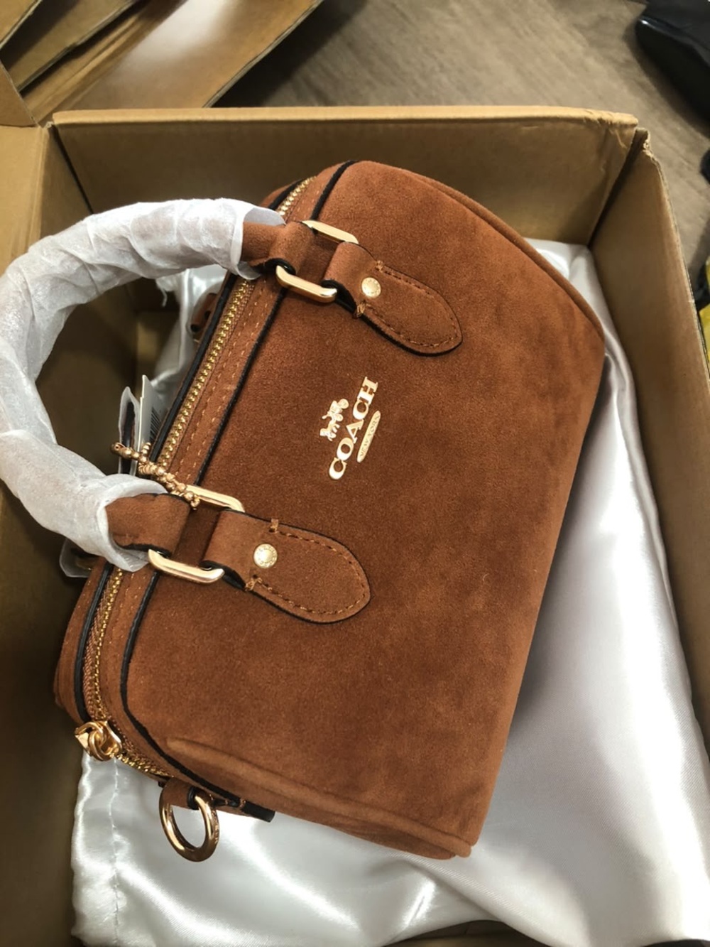 Coach Brown Suede Mini Satchel with Gold Hardware